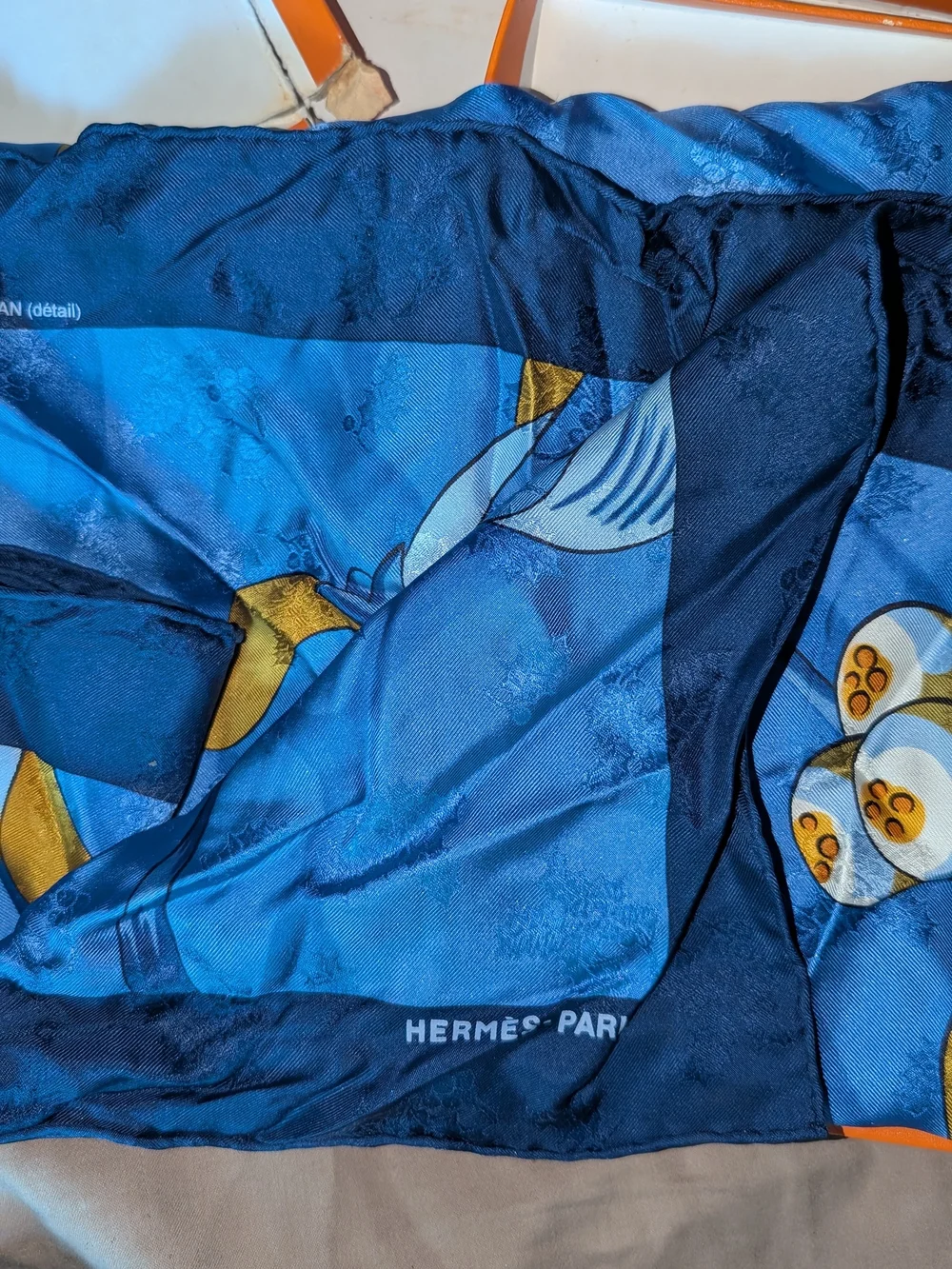 Hermès Blue and Gold Silk Scarf with Navy Border
